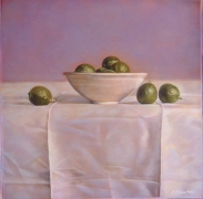 Still Life with Limes in a Chinese Bowl, hand-colored gelatin silver print, 9 x 9 inches