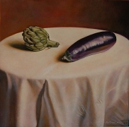 Still Life with Artichoke and Aubergine, hand-colored gelatin silver print, 9 x 9 inches