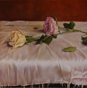 Two Roses on a Tableclothe after Manet, hand-colored gelatin silver print